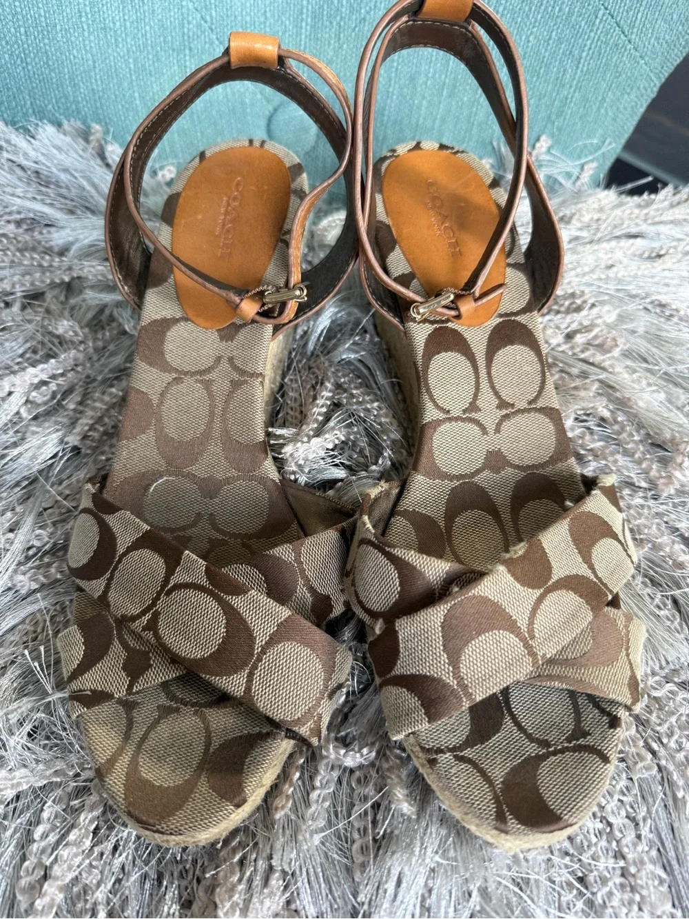 Coach Tan and Brown Signature Canvas Wedge Sandals